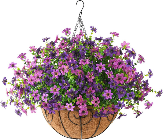 Artificial Flowers Hanging Baskets, Multicolor 12 Bundles Faux Flower Outdoor Hanging Basket Spring Summer Decoration, Fake Flowers Plants for Porch Patio Balcony Home Yard Decor (Purple)