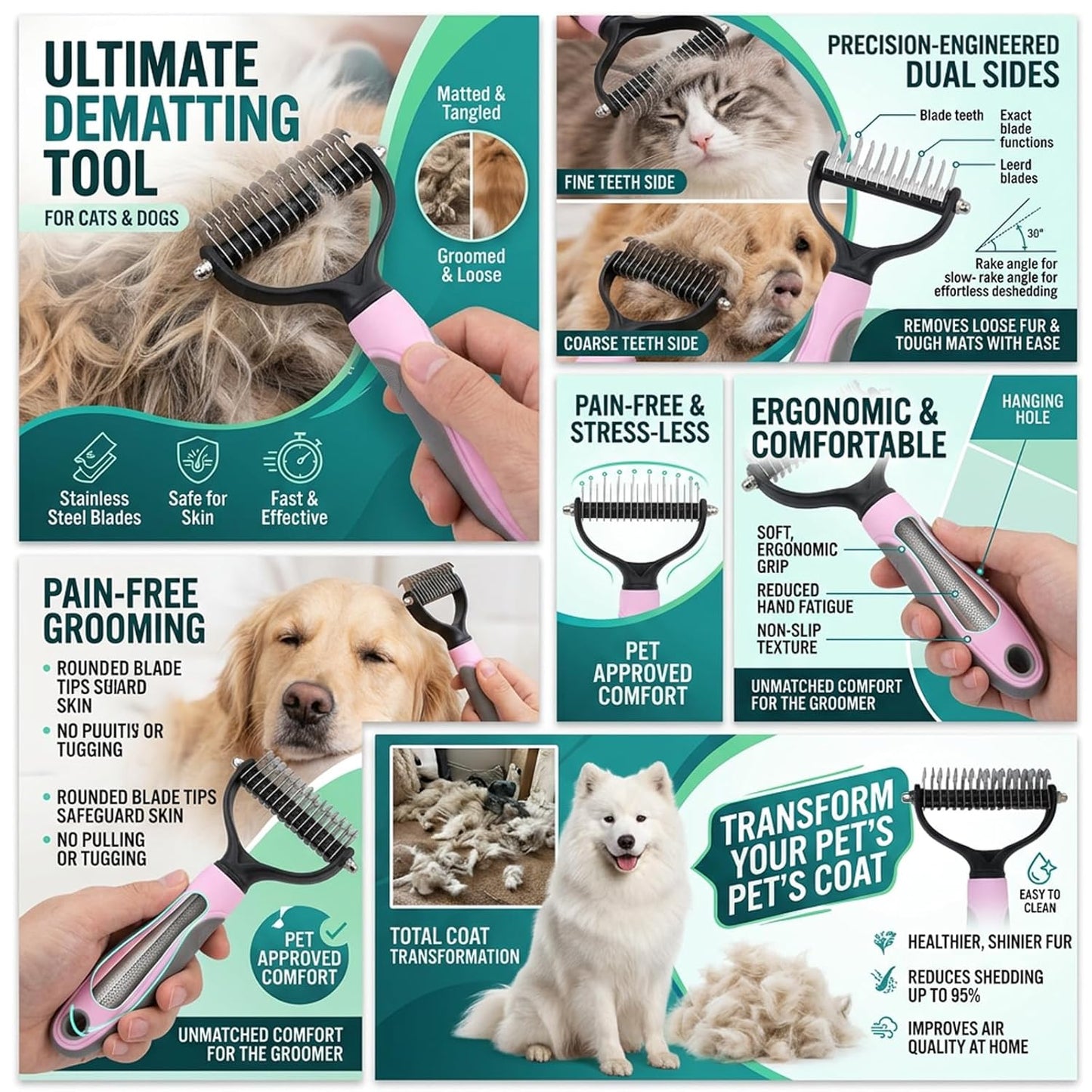 Dematting & Grooming Tool – Pet Shedding & Detangling Brush for Dogs & Cats