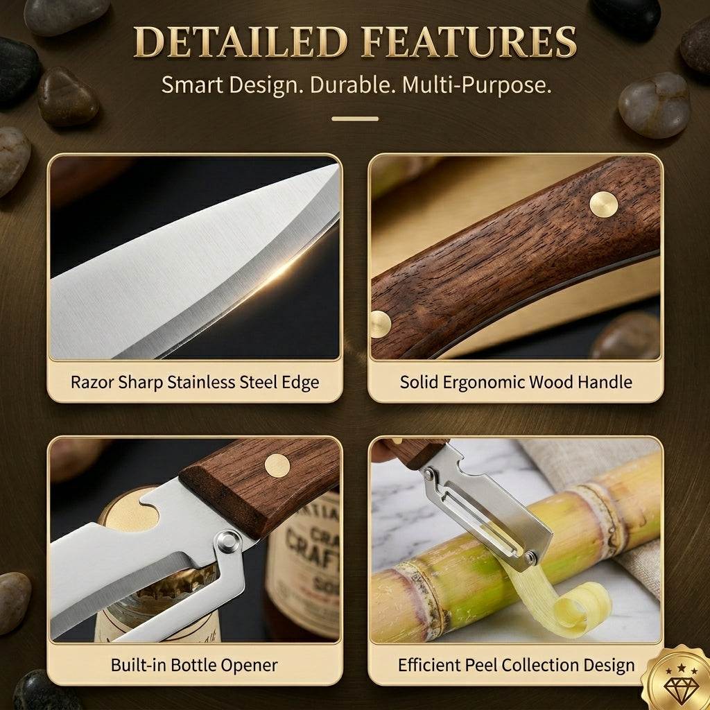 Ultra-Sharp Stainless Steel Peeler with Wooden Grip & Bottle Opener