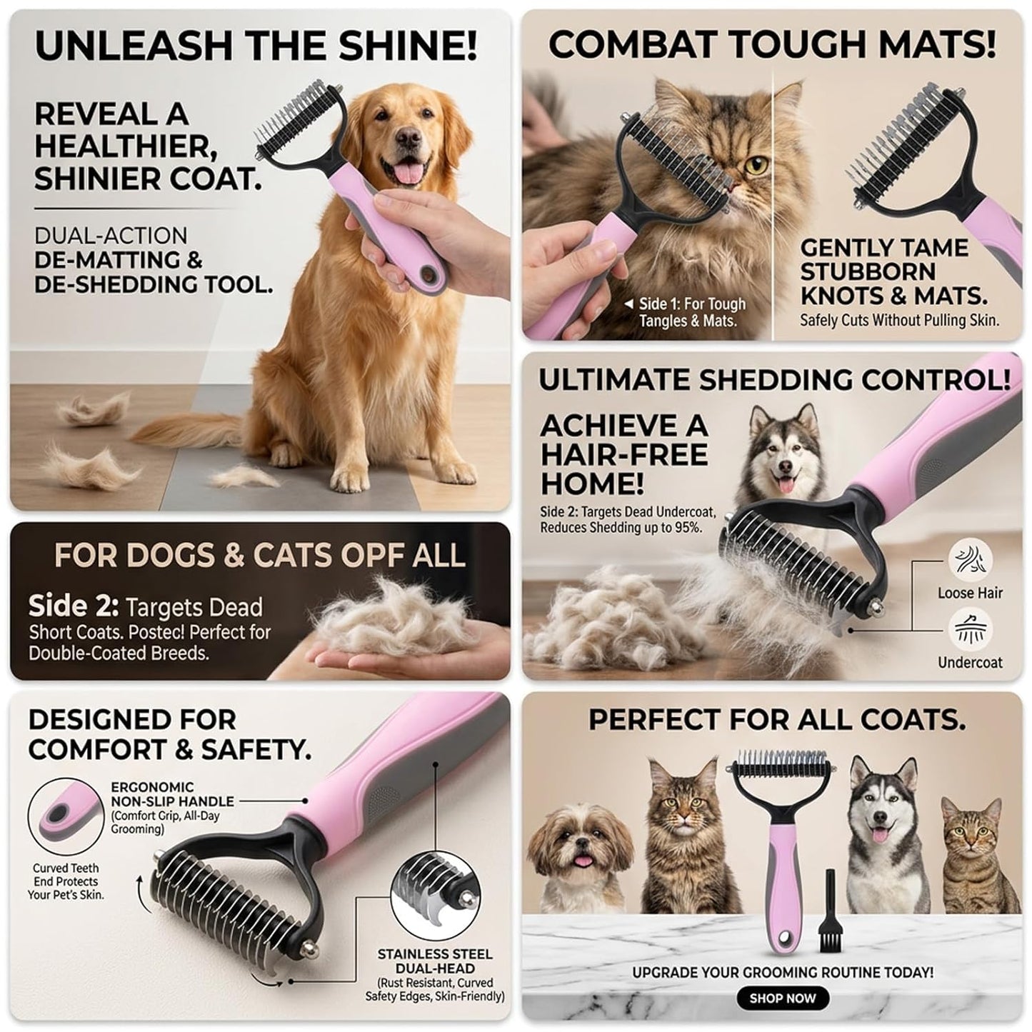Dematting & Grooming Tool – Pet Shedding & Detangling Brush for Dogs & Cats